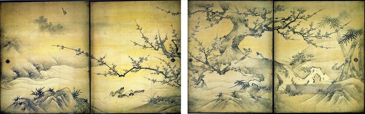 Vögel und Blumen der vier Jahreszeiten Kano Eitoku Japanisch Ölgemälde